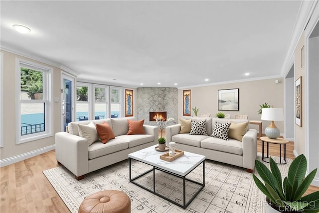 22517 Lazy Meadow Dr, Diamond Bar, CA 91765 - living area with light wood-type flooring, a high end fireplace, baseboards, recessed lighting, and crown molding