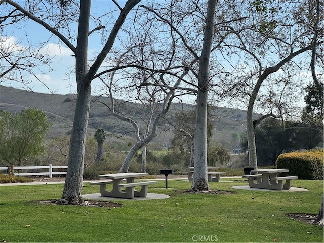 view of home's community with a lawn and a mountain view