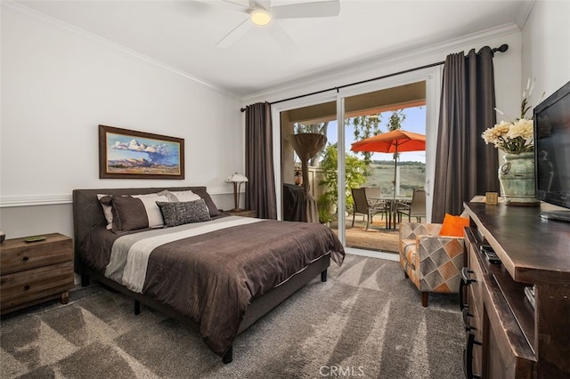 carpeted bedroom featuring ceiling fan, access to outside, and ornamental molding