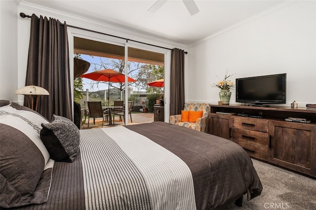 bedroom featuring access to outside, ceiling fan, crown molding, and carpet flooring