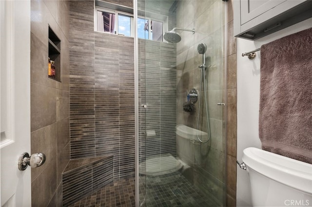 full bathroom with a shower stall and toilet