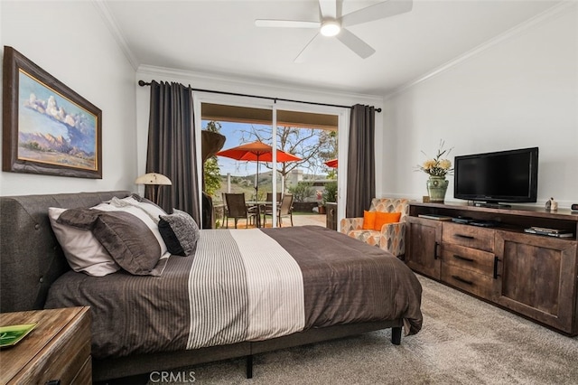 bedroom with access to exterior, light carpet, crown molding, and a ceiling fan