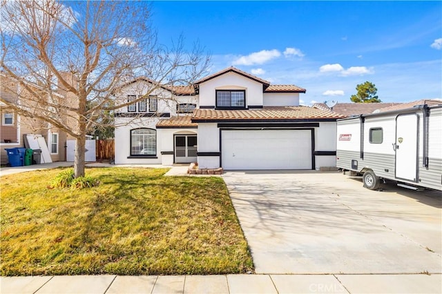 view of front of home featuring driveway, a garage, a tile roof, a front lawn, and stucco siding