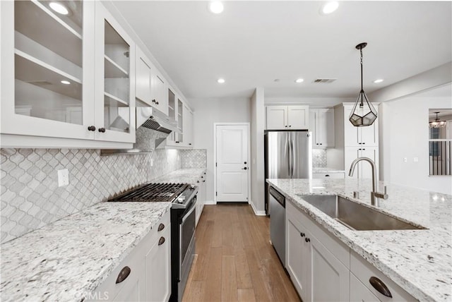 kitchen featuring visible vents, white cabinets, appliances with stainless steel finishes, ventilation hood, and a sink