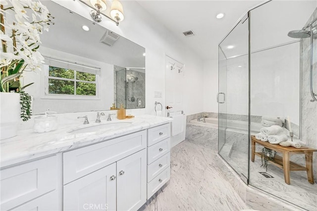 3024 Via Rivera, Palos Verdes Estates, CA 90274 - full bathroom featuring vanity, a marble finish shower, a garden tub, recessed lighting, and marble finish flooring