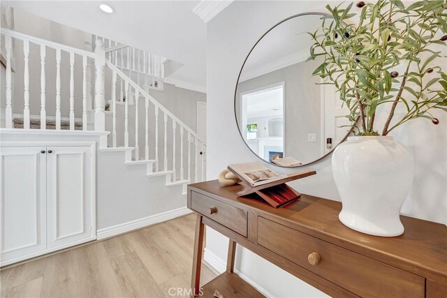 3024 Via Rivera, Palos Verdes Estates, CA 90274 - foyer entrance featuring crown molding, stairway, light wood-style flooring, and recessed lighting