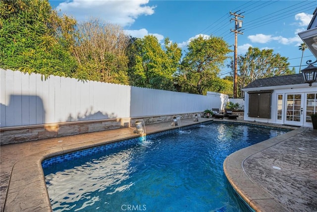 3024 Via Rivera, Palos Verdes Estates, CA 90274 - view of pool with a fenced backyard, french doors, an outdoor structure, an exterior structure, and a patio