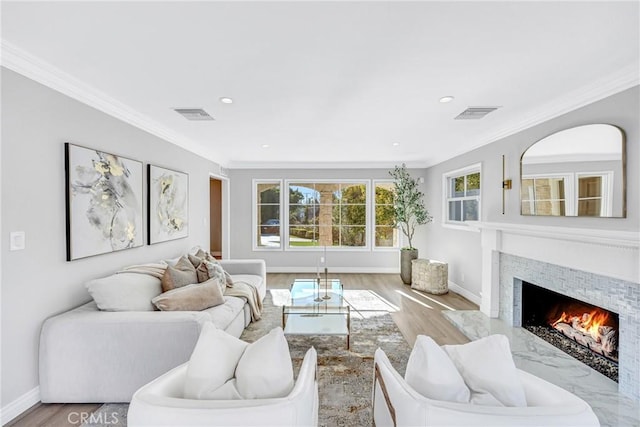 3024 Via Rivera, Palos Verdes Estates, CA 90274 - living area with ornamental molding, a premium fireplace, wood finished floors, and recessed lighting