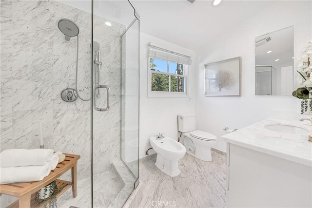 3024 Via Rivera, Palos Verdes Estates, CA 90274 - bathroom featuring a bidet, a marble finish shower, and vanity