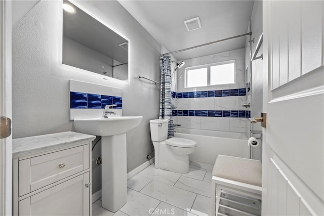 full bath with marble finish floor, visible vents, toilet, shower / tub combo, and baseboards