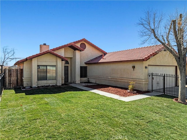 view of front of house with a garage, fence, stucco siding, a front lawn, and a chimney