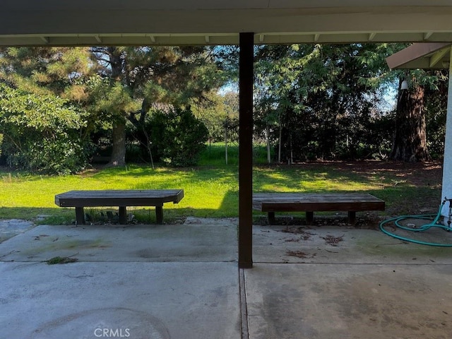 view of community with a patio and a lawn