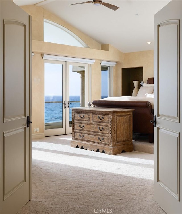 3824 Vista Blanca, San Clemente, CA 92672 - bedroom featuring light carpet, access to exterior, lofted ceiling, french doors, and recessed lighting