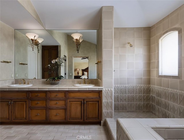 3824 Vista Blanca, San Clemente, CA 92672 - bathroom with tile patterned floors, double vanity, ensuite bath, and a tile shower