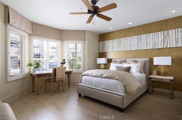 3824 Vista Blanca, San Clemente, CA 92672 - bedroom featuring baseboards, light wood-style floors, recessed lighting, and a ceiling fan