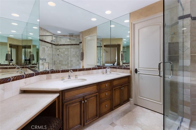 3824 Vista Blanca, San Clemente, CA 92672 - bathroom with a stall shower, double vanity, and recessed lighting