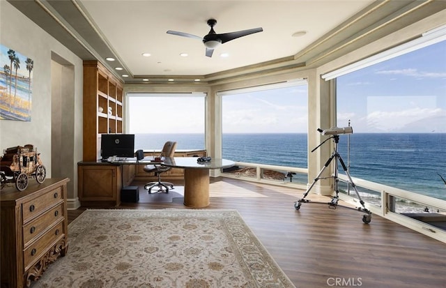 3824 Vista Blanca, San Clemente, CA 92672 - office featuring ceiling fan, wood finished floors, a water view, and crown molding