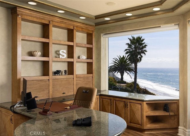 3824 Vista Blanca, San Clemente, CA 92672 - home office with recessed lighting, dark wood finished floors, view of water and beach, and built in shelves