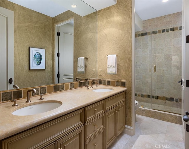 3824 Vista Blanca, San Clemente, CA 92672 - full bathroom with a stall shower, toilet, double vanity, and tile patterned floors