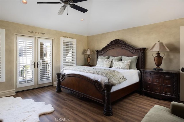 3824 Vista Blanca, San Clemente, CA 92672 - bedroom with access to exterior, vaulted ceiling, wood finished floors, a ceiling fan, and french doors