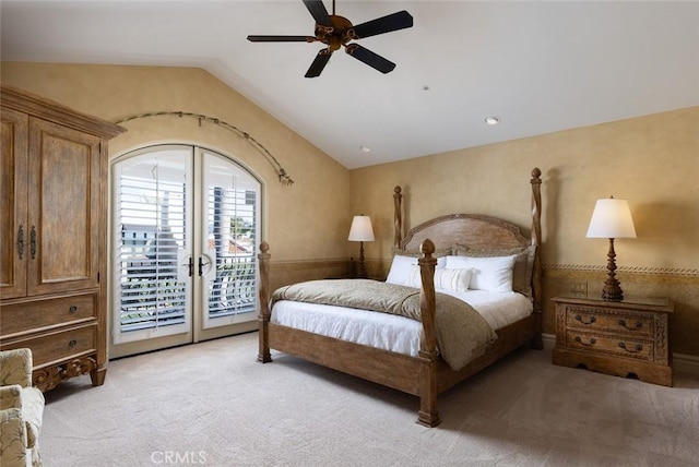 3824 Vista Blanca, San Clemente, CA 92672 - bedroom with access to exterior, light colored carpet, lofted ceiling, french doors, and a ceiling fan