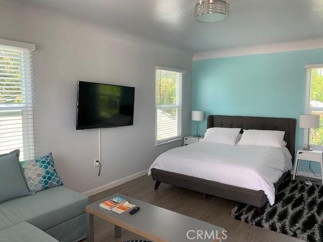 bedroom featuring multiple windows, wood finished floors, and baseboards