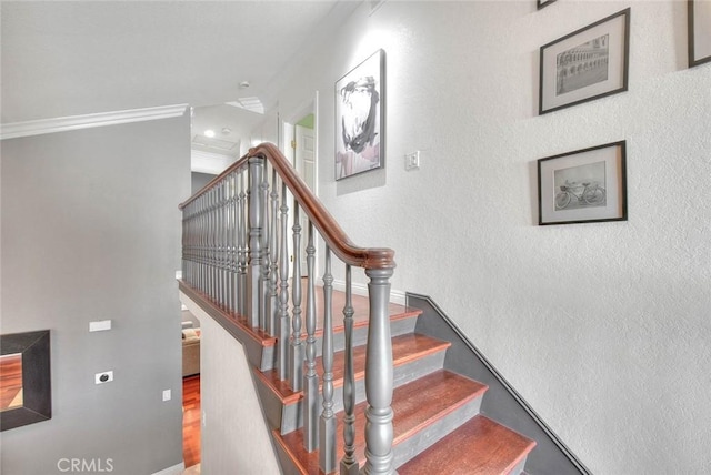 staircase with a textured wall