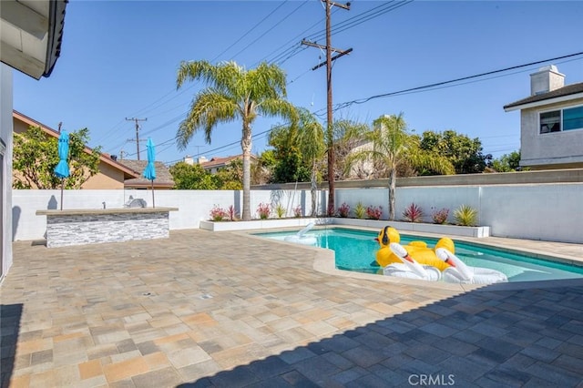 view of swimming pool with area for grilling, a patio area, a fenced backyard, and a fenced in pool