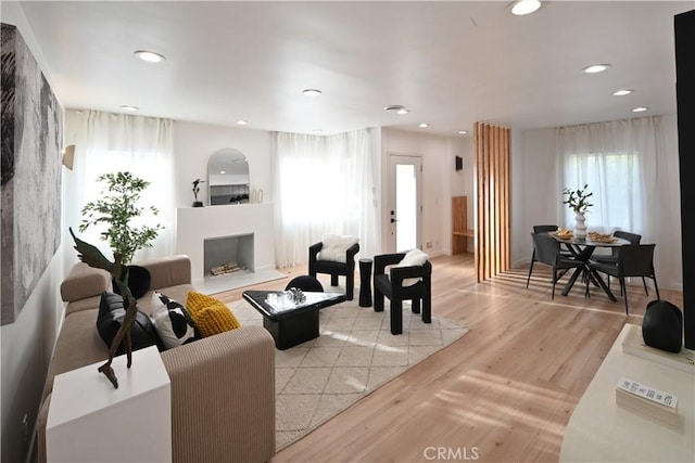 living area with light wood-style flooring, a fireplace, a wealth of natural light, and recessed lighting