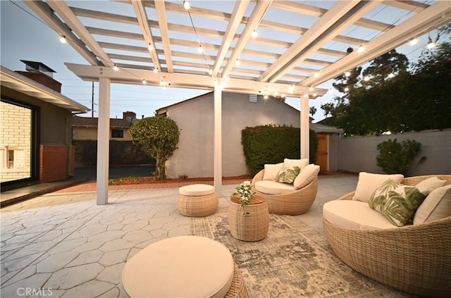 view of patio with a fenced backyard, an outdoor hangout area, and a pergola