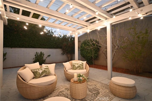 view of patio / terrace featuring a fenced backyard, outdoor lounge area, and a pergola