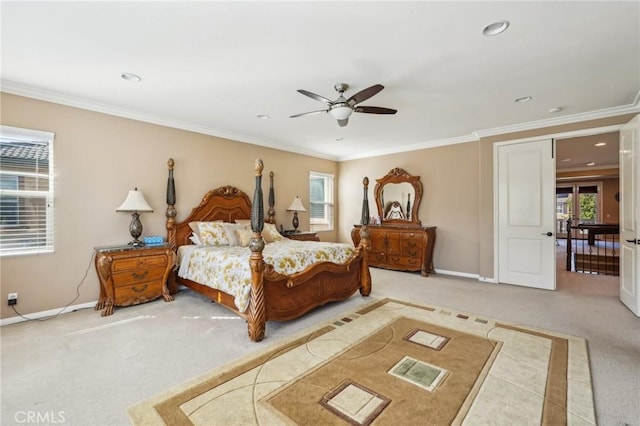 bedroom with recessed lighting, baseboards, carpet floors, and ornamental molding