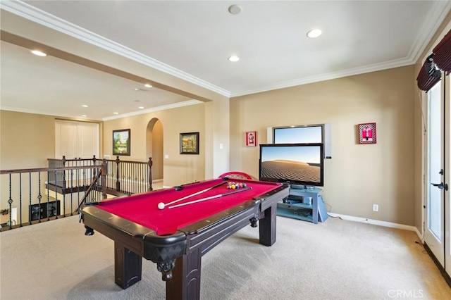 playroom featuring baseboards, ornamental molding, carpet floors, recessed lighting, and billiards