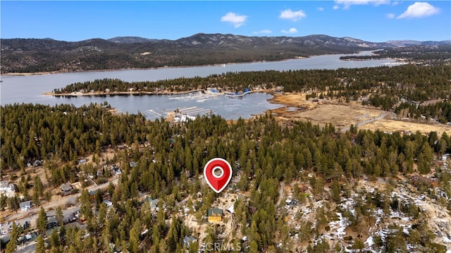 birds eye view of property with a wooded view and a water and mountain view