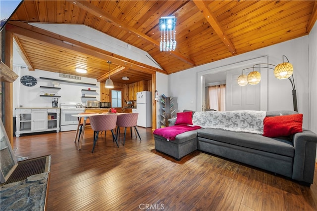 living area featuring wood ceiling and dark wood finished floors