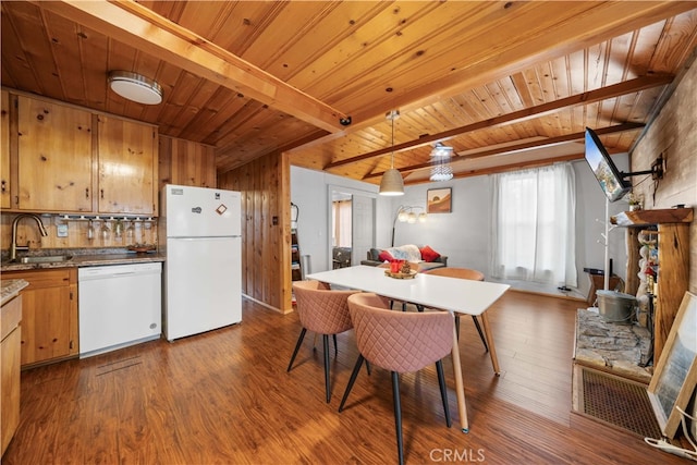 dining space with dark wood-type flooring, wooden ceiling, and beam ceiling