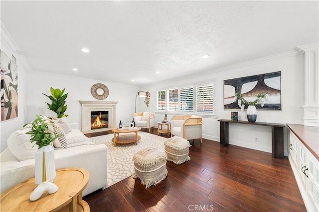 living area featuring a fireplace with flush hearth, ornamental molding, and hardwood / wood-style floors