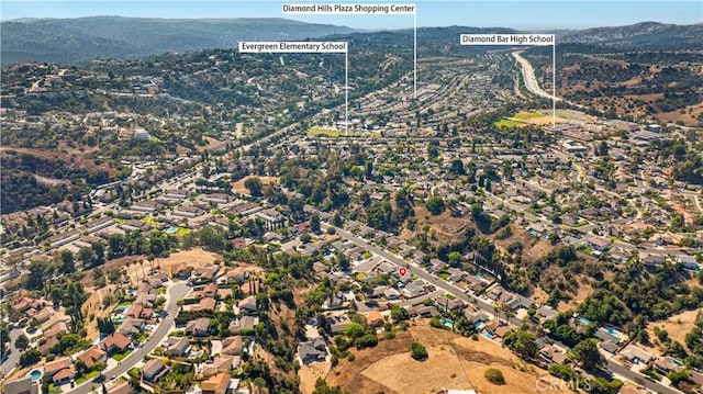 bird's eye view featuring a residential view and a mountain view