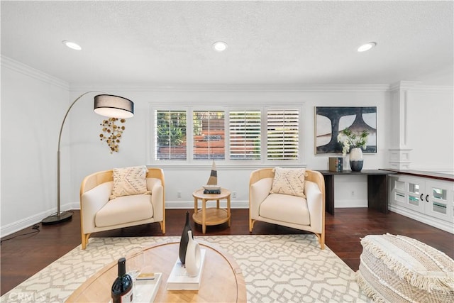 living area with ornamental molding, recessed lighting, baseboards, and wood finished floors