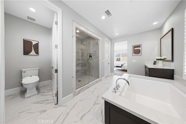 bathroom with a marble finish shower, baseboards, visible vents, toilet, and marble finish floor