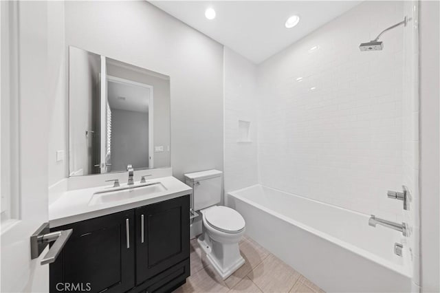 full bathroom featuring shower / bathtub combination, toilet, recessed lighting, vanity, and tile patterned floors