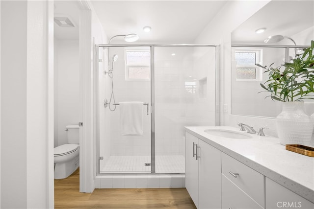 full bath featuring a healthy amount of sunlight, a shower stall, toilet, and vanity