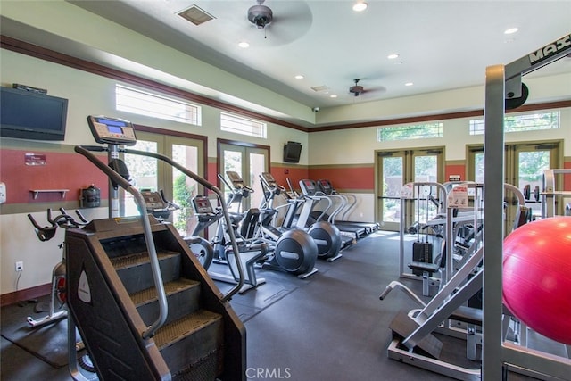 workout area with recessed lighting, ceiling fan, baseboards, and french doors