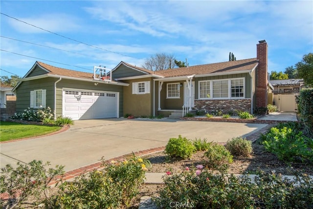 ranch-style house featuring an attached garage, brick siding, fence, driveway, and a chimney