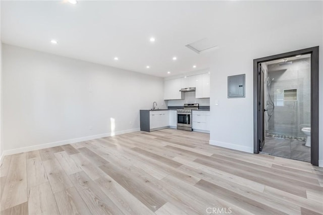 unfurnished living room with electric panel, light wood-style flooring, baseboards, and a sink