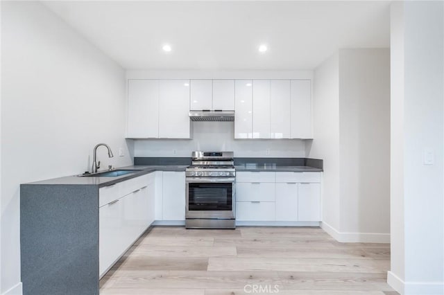 kitchen with under cabinet range hood, modern cabinets, stainless steel gas range, and a sink