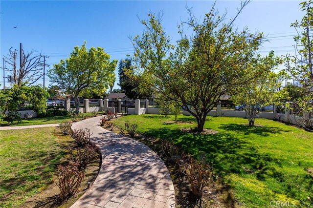 view of home's community featuring a fenced front yard and a lawn