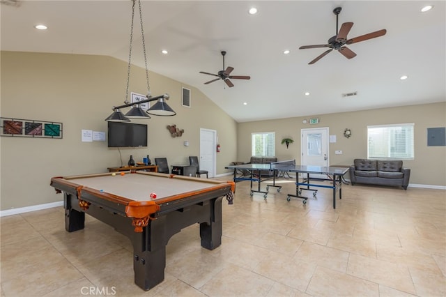 game room with high vaulted ceiling, visible vents, and recessed lighting