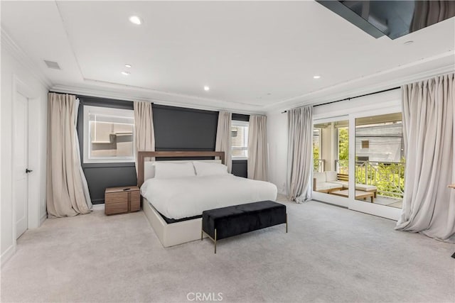 bedroom featuring access to outside, ornamental molding, carpet floors, and visible vents