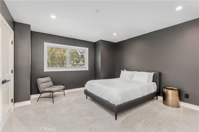 bedroom with recessed lighting, carpet, and baseboards